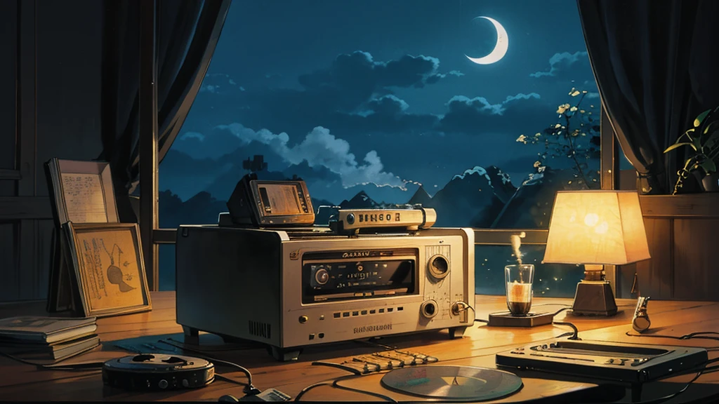 night、Moon and light、healing、lo-fi、Tranquility、Cassette tape recorder、record、Steam from coffee