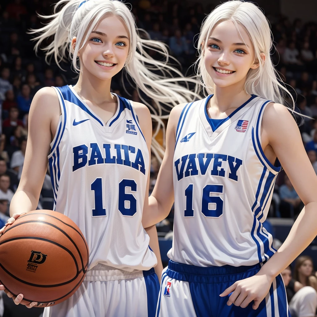 Basketball player, 16 year old girl with white hair, white skin and blue eyes, smiling