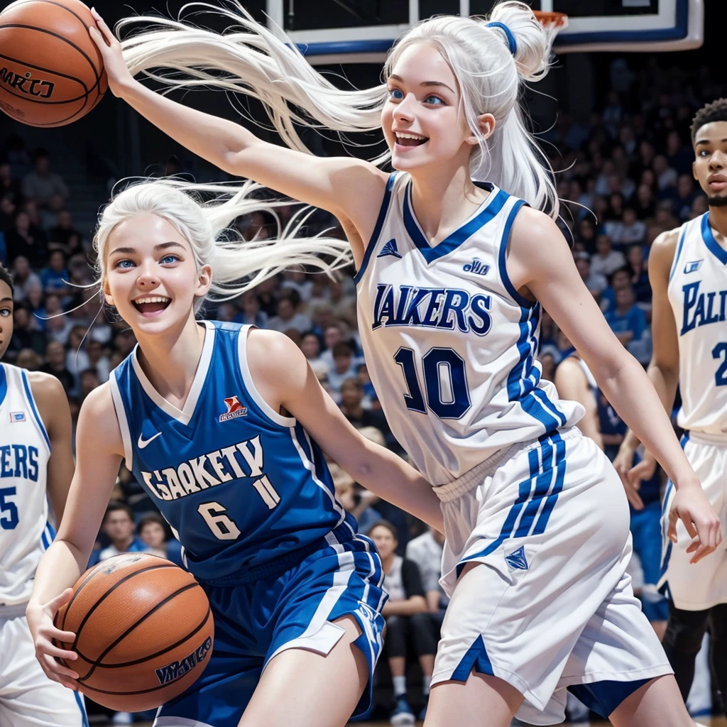 Basketball player, 16 year old girl with white hair, white skin and blue eyes, smiling