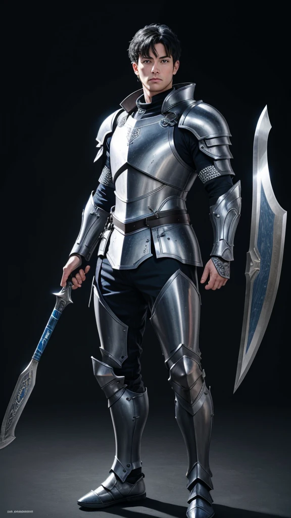 (((best quality))), (((ultra-detailed))), masterpiece, 8k, HD quality, add Details, 1boy, armor, full body armor, blue armor, black hair, blue eyes, shoulder pads, axe (weapon), masterpiece, best quality,  highres, looking at viewer, full body, wide view,long shoot, standing, extremely detailed armor, intricate details, ultraquality, black background.