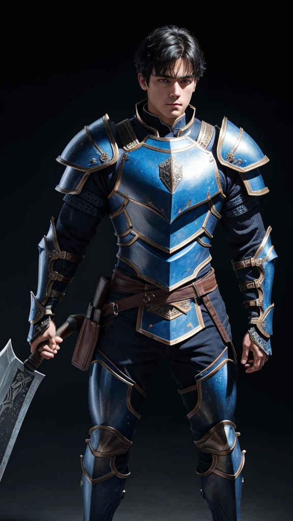 (((best quality))), (((ultra-detailed))), masterpiece, 8k, HD quality, add Details, 1boy, armor, full body armor, blue armor, black hair, blue eyes, shoulder pads, axe (weapon), masterpiece, best quality,  highres, looking at viewer, full body, wide view,long shoot, standing, extremely detailed armor, intricate details, ultraquality, black background.