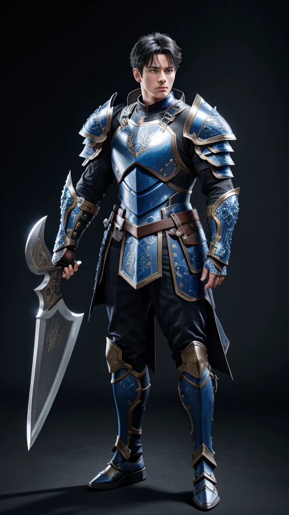 (((best quality))), (((ultra-detailed))), masterpiece, 8k, HD quality, add Details, 1boy, armor, full body armor, blue armor, black hair, blue eyes, shoulder pads, axe (weapon), masterpiece, best quality, highres, looking at viewer, full body, wide view,long shoot, standing, extremely detailed armor, intricate details, ultraquality, black background.