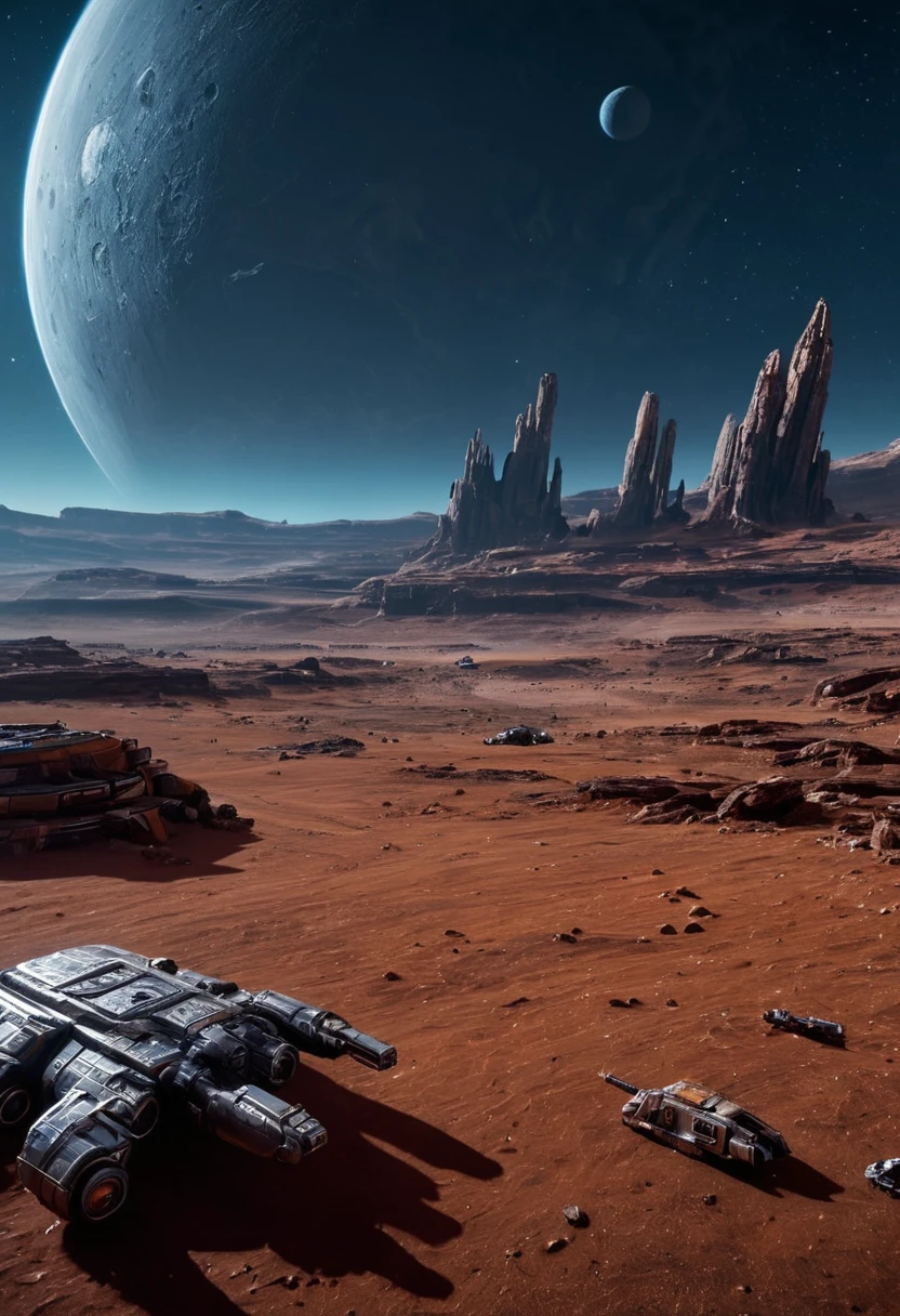 (Space War), sci-fi style, elite teams are guarding legendary relics in a harsh planetary environment. The relics under the starry sky shine brightly, and enemy details are visible. The background is a low-pressure planet surface, (panoramic view), award-winning, cinematic still, emotional, vignette, dynamic, vivid, (masterpiece, best quality, Professional, perfect composition, very aesthetic, absurdres, ultra-detailed, intricate details:1.3)