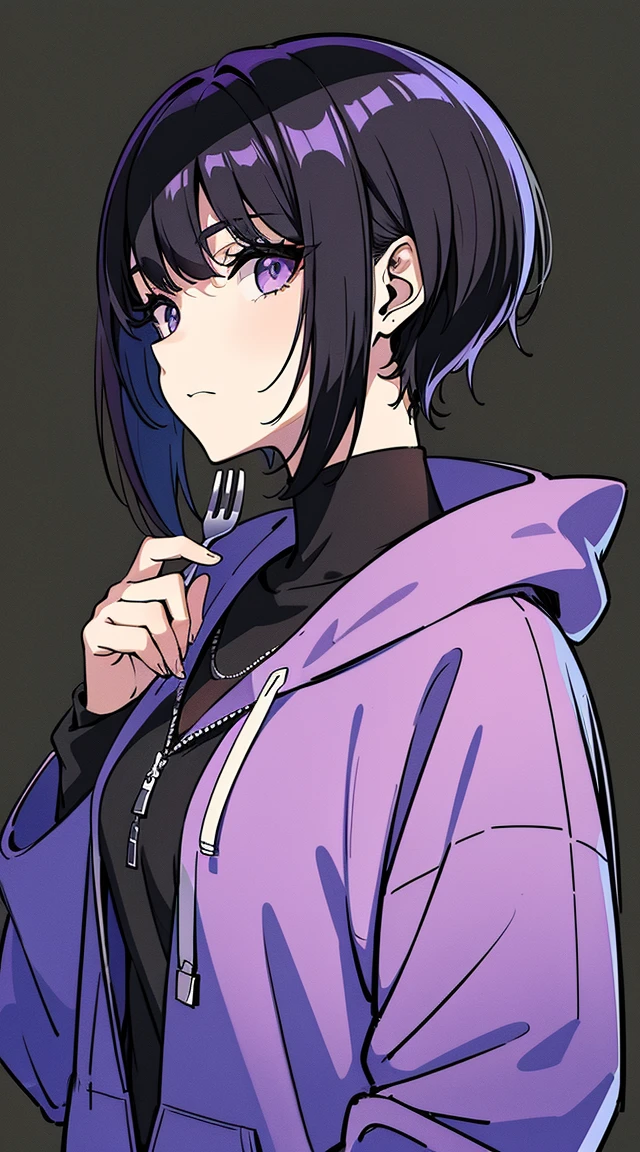 girl,portrait, black and purple, Messy short hair, Avant-garde accessories,sport style, hoodie, confident look, monochromatic color scheme, looking to the side, stylish street fashion, shy pose,head,((a person)),Fork