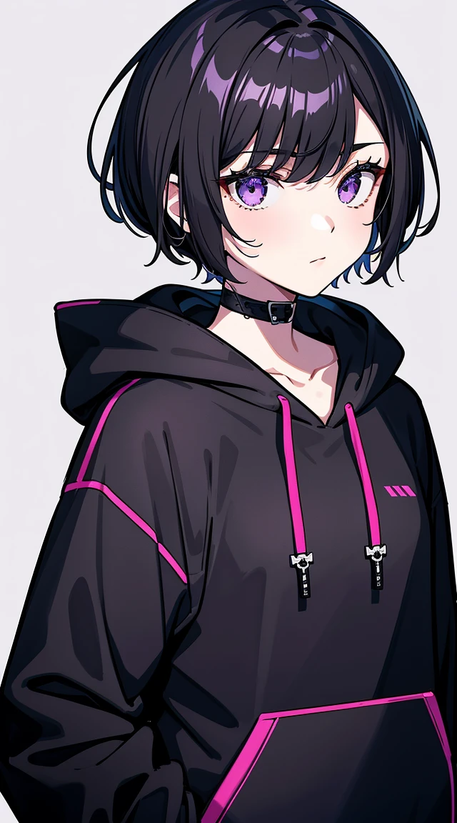 girl,portrait, black and purple, Messy short hair, Avant-garde accessories,sport style, hoodie, confident look, monochromatic color scheme, looking to the side, stylish street fashion, shy pose,head,((a person)),Fork