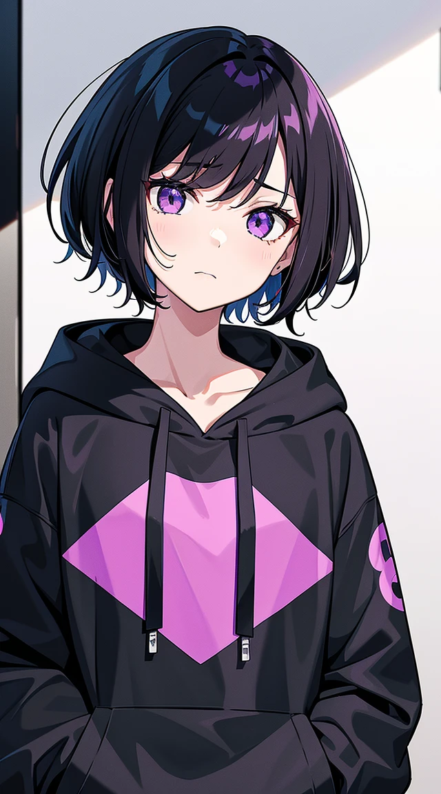 girl,portrait, black and purple, Messy short hair, Avant-garde accessories,sport style, hoodie, confident look, monochromatic color scheme, looking to the side, stylish street fashion, shy pose,head,((a person)),Fork
