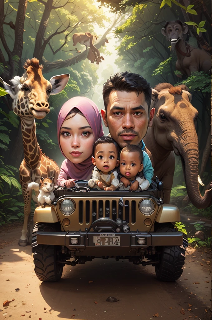there is a picture of a family in a jeep with a giraffe, Elephants, eys, birds and squirrels, realistic cartoon, digital cartoon painting art, cartoon art, cartoon digital art, cartoon digital painting, an indonesian family portrait, caricature illustration, cartoon artstyle, cartoon art style, digital art cartoon, cartoon painting, in cartoon style, potrait, cartoon style illustration, photorealistic!!!!!!! art style, cartoon portrait