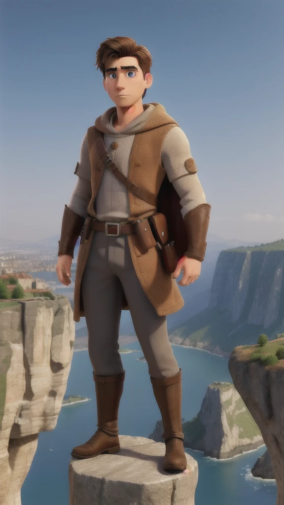 Draw a poster of a male hero standing on a cliff against the backdrop of a majestic medieval city