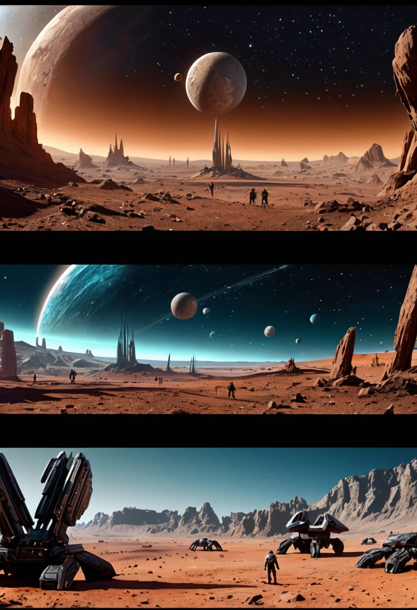 (Space War), sci-fi style, elite teams are guarding legendary relics in a harsh planetary environment. The relics under the starry sky shine brightly, and enemy details are visible. The background is a low-pressure planet surface, (panoramic view), award-winning, cinematic still, emotional, vignette, dynamic, vivid, (masterpiece, best quality, Professional, perfect composition, very aesthetic, absurdres, ultra-detailed, intricate details:1.3)