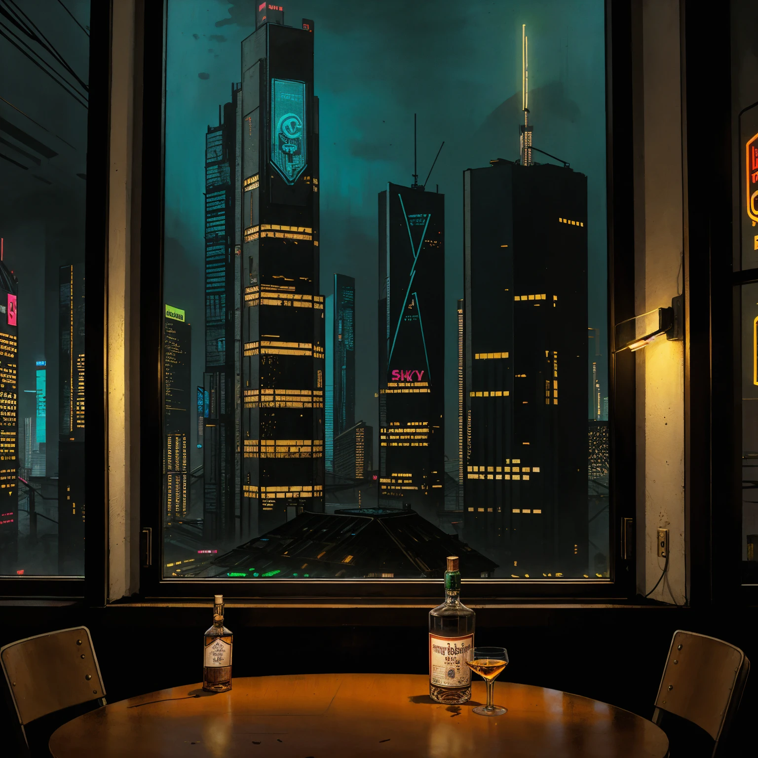 (masterpiece), (cyberpunk living room), (indoor), (window), (cyberpunk city neon lights), (skyscrapers), (realistic illustration), (cinematic), (looking out the window), (one liquor bottle on table), (single whiskey glass on table),