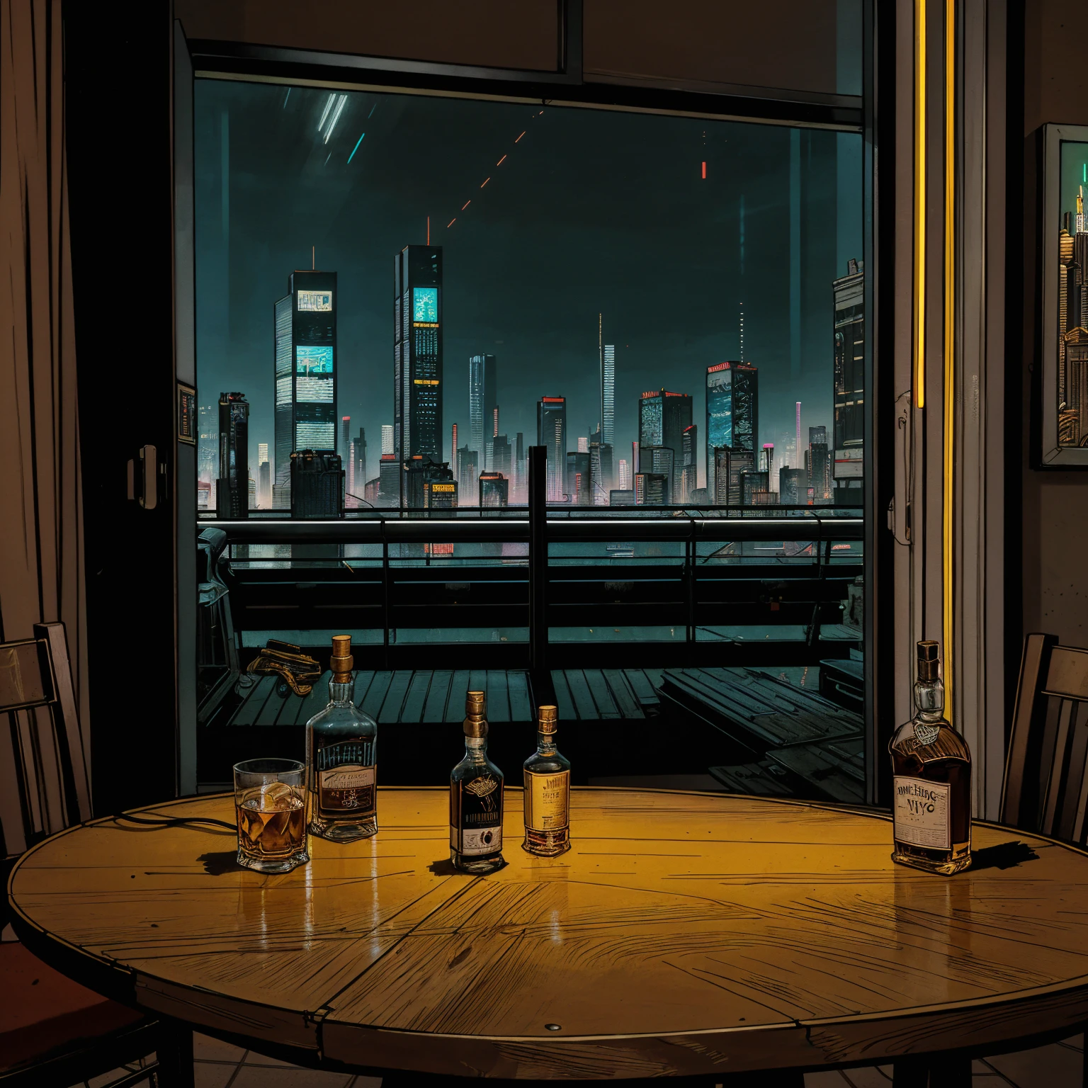 (masterpiece), (cyberpunk living room), (indoor), (window), (cyberpunk city neon lights), (skyscrapers), (realistic illustration), (cinematic), (looking out the window), (one liquor bottle on table), (single whiskey glass on table),