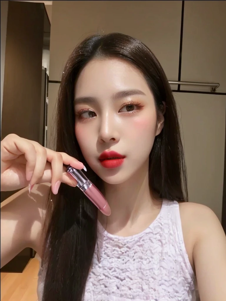there is a woman holding a lipstick in her hand and a brush in her mouth, lipgloss, 18 yo, 8k selfie photograph, popular south korean makeup, putting on lipgloss, popular korean makeup, full glossy lips, Don't change anything about lipgloss