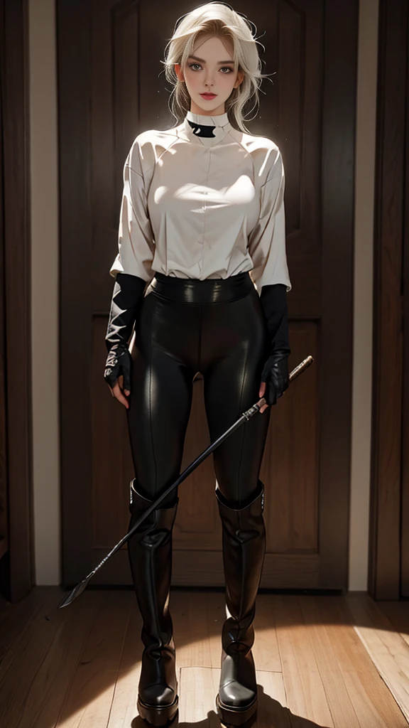 (highest resolution, distinct_image) best quality, a woman, solo, masterpiece, highly detailed, semi realistic, blonde hair, bangs, 18 years old, mature, young, tall strong, uniform, military uniform( large indoor background), cold, serious, tall, handsome, autocratic, powerful, exquisite facial features, exquisite facial features, (full body)(black knee-high boots:1.4)(dominatrix:0.3)(white Yoga pants:1.3),(gloves:1.5)(long sleeves),(active sportswear shirt),solo,1girl,(looking at viewer),(from below:0.9)(head turned upwards:0.3)(smiling:0.4)(bodysuit:0.3)(holding riding crop:1.2)(muscular:0.8)(shirt tucket in pants)(parquet flooring)(standing on floor)(pretty eyes)(staring)(yandere), red eyes, white hair, superior smirk, smiling, devious, anime look, detailed drawing, manga, illustration , glowing red eyes, superior, smug