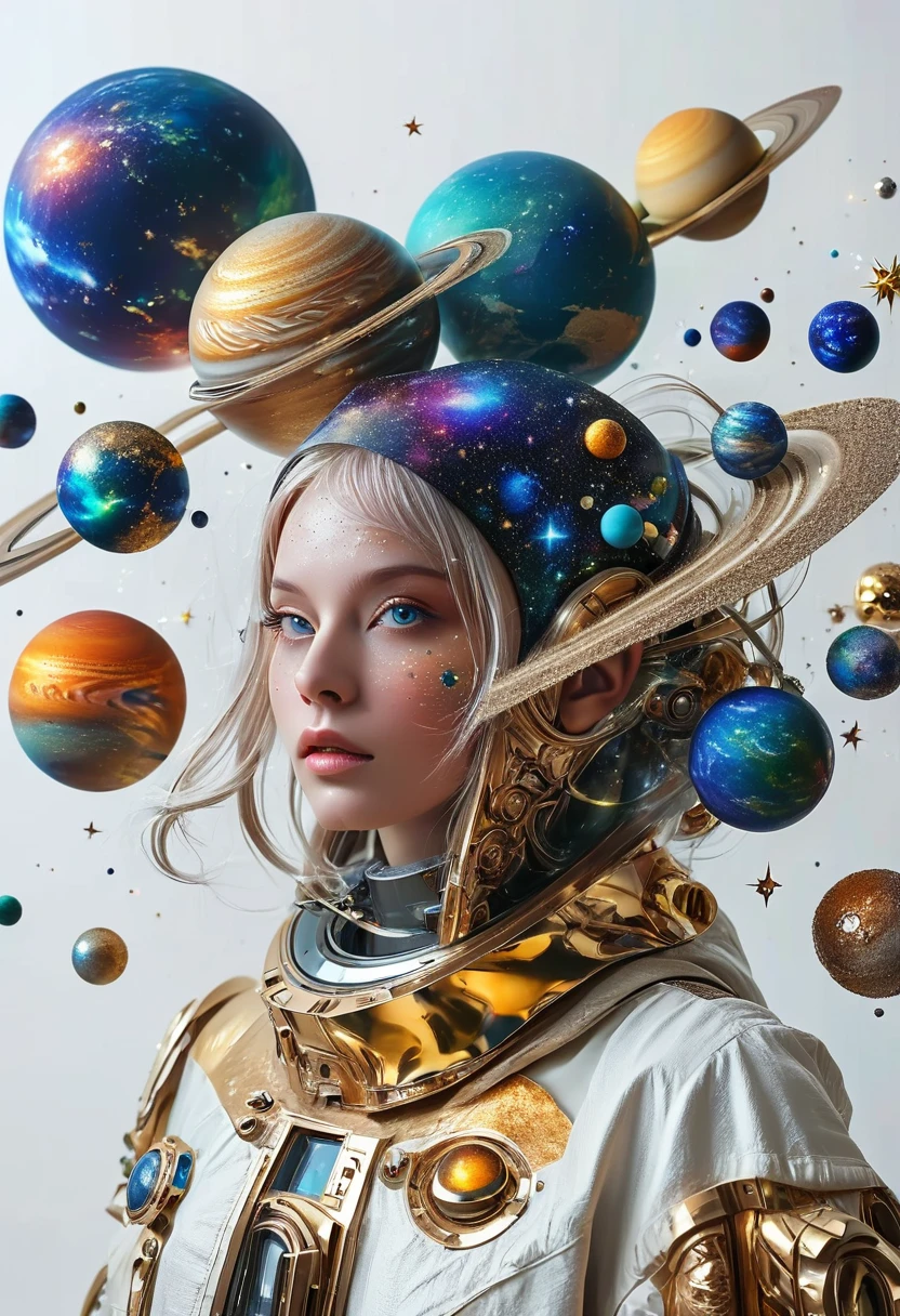 3D,Galaxy Portrait,Many planets surround,Complex planet decoration。White background