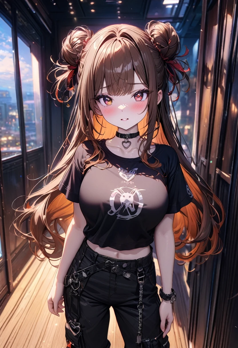 ((masterpiece), best quality, very aesthetic, newest, absurdres, detailed, high quality)
BREAK
highest quality, top quality, details, highres, ultra fine painting, digital art, official art, cinematic, 4k, 8k resolution, 8K CG wallpaper, CG, original artwork, detailed background, colorful background, blue atmosphere, High Dynamic Range, blurry background, blue hour, Starburst effects, crepuscular rays, good ISO, high resolution, wide shot, from far away, RAW photo, POV, sharp focus, light reflection, reflections, intricate details, soft light, particle noise, professional photography, bokeh, depth of field, natural lighting, vibrant colors, looking away, detailed lights and shadows, stylish, ultra-detailed, top rated on Pixiv, trending on Artstation, niji style, modern-days, master crafted, pose
BREAK
solo, close up shot, from above, 1girl, pale skin, correct fingers, detailed hand, (big breasts:1.2), big thighs, small torso, short body, flushtered, blush, anxious expression, embarassed, embarassed act, casual, slim, ((cute, childlike face):1.3), nice hips, nice body, brown hair, (very long flowing hair), (big 2 buns hairstyle)), long bangs, long hair, middle hair bangs, brown eyes
BREAK
(loose black baggy t-shirt, logo, black baggy cargo pants, choker, punk style, Gothic, (heart pupils))
BREAK
Hanging clothes, folded clothes, walls, glass, changing room, indoors