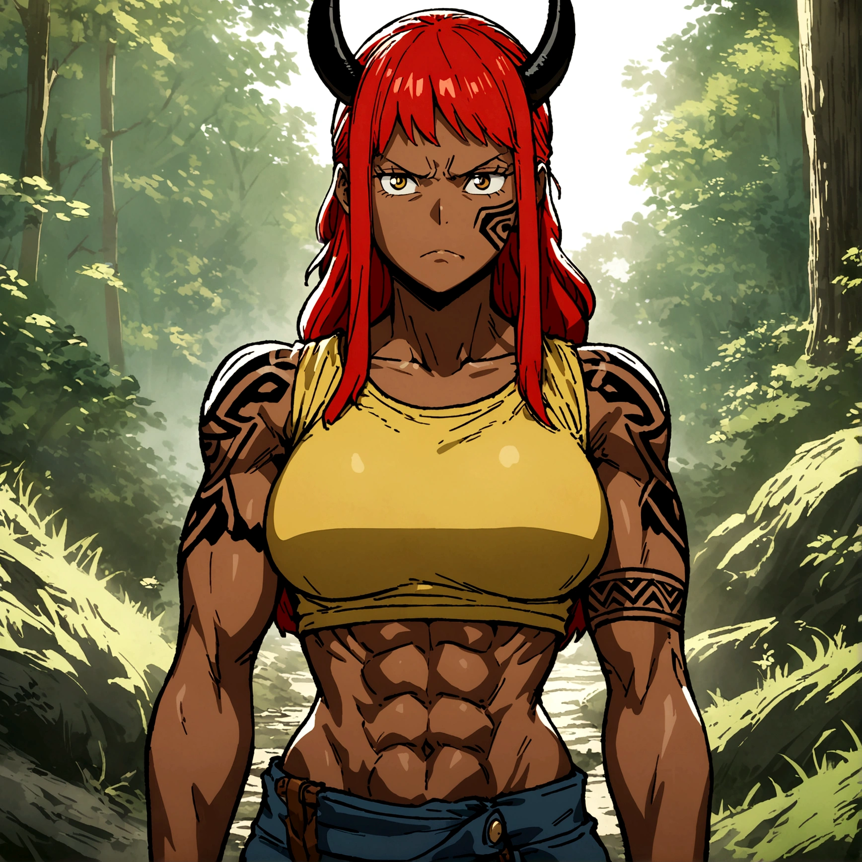 Female, dark skin, tall, muscular body, long red hair, serious expression, black horns, tribal tattoos, lumberjack outfit, forest background, ONE PIECE inspired anime lines, bathed in drama, incredible lighting, infused with creative details, ultra-fine 2D drawing, incredible scenery, bathed in creativity, boasting anime resolution clarity, anime graphics, high octane rendering