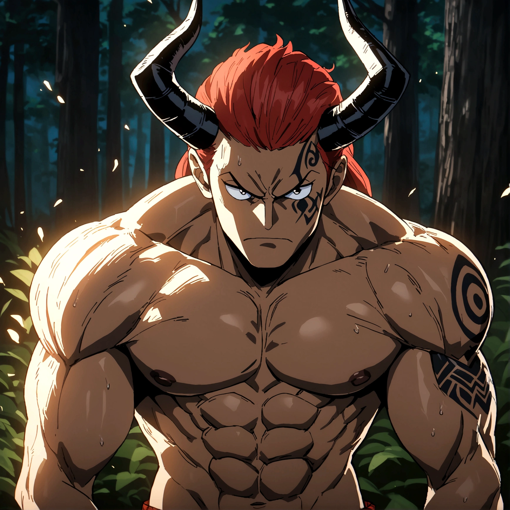 Female, dark skin, tall, muscular body, long red hair, serious expression, black horns, tribal tattoos, lumberjack outfit, forest background, ONE PIECE inspired anime lines, bathed in drama, incredible lighting, infused with creative details, ultra-fine 2D drawing, incredible scenery, bathed in creativity, boasting anime resolution clarity, anime graphics, high octane rendering
