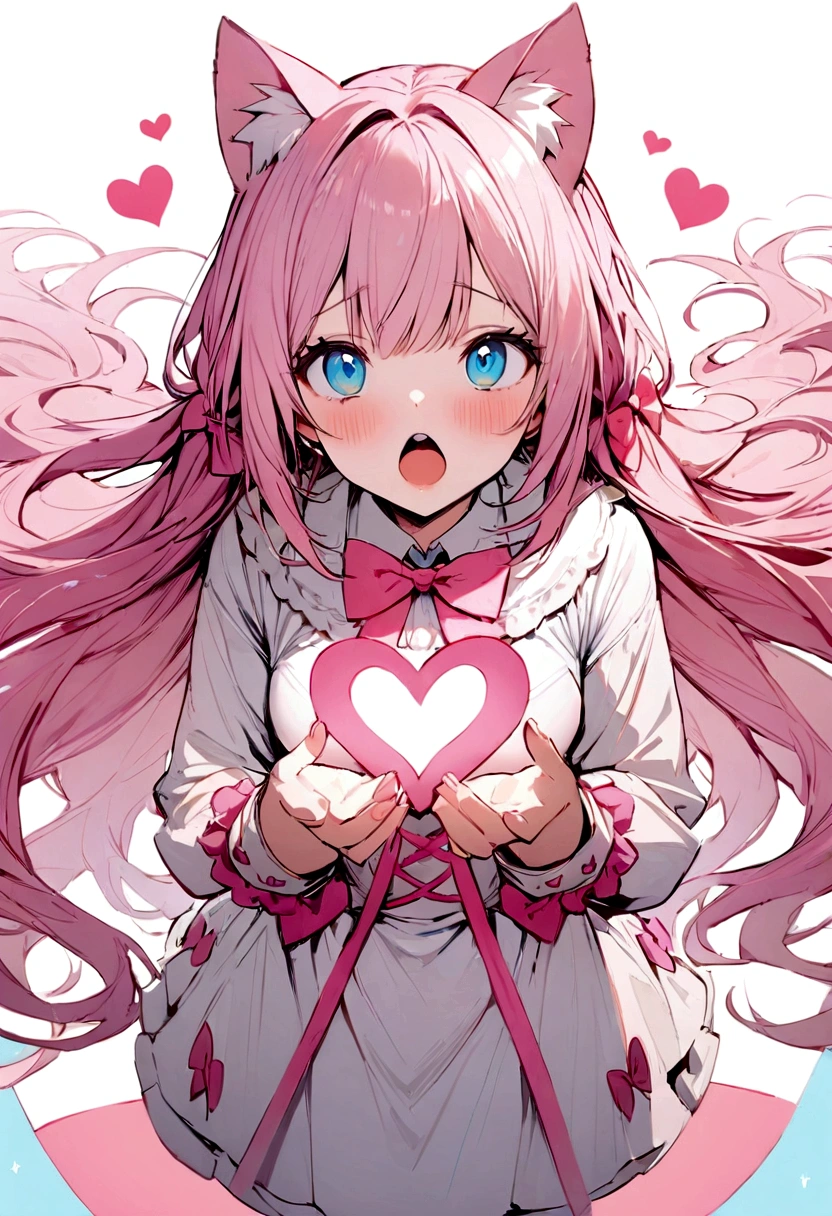 Masterpiece, Best quality, White background, (10:1 girl), (10:One guy), Very long hair, White and pink hair, Love decoration, Multiple cyan and pink bows, White and pink pair of cat ears, Cyan eyes, Look straight ahead, love heart, Pink bow tie, White clothes, 5:Open mouth, 5:teeth, standing full-body illustration