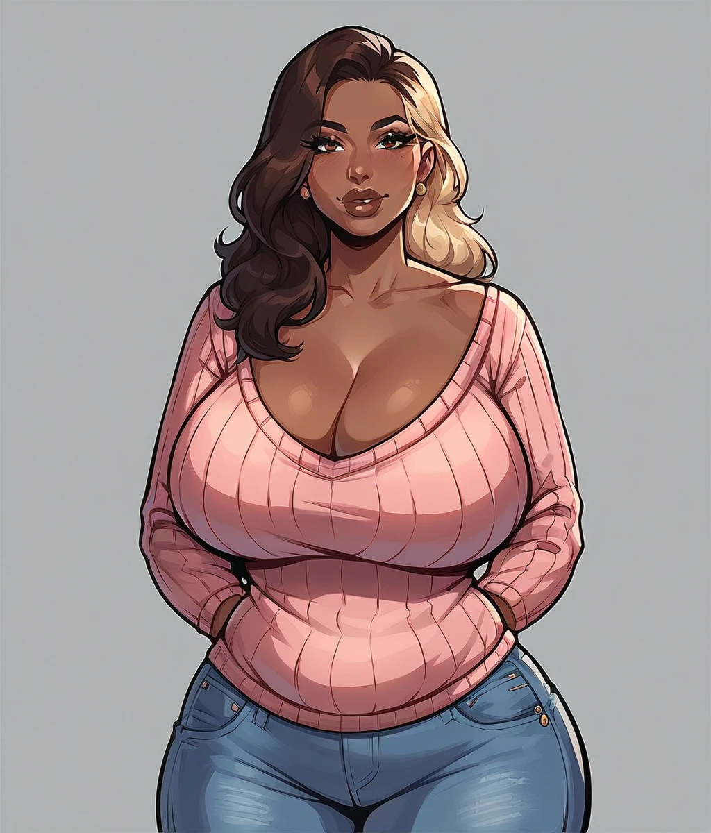 uploaded e621, score_9, score_8_up, score_7_up, score_6_up, score_5_up, score_4_up, rating_safe, smooth, source_furry, {realistic}, mature female, HUMAN, seductive, DARK SKIN, countershading, huge breasts, {{{dark brown hair, blonde balayage highlights}}}, jeans, sweater, cleavage, tall, brown lips, hazel eyes, wide hips, extra thicc