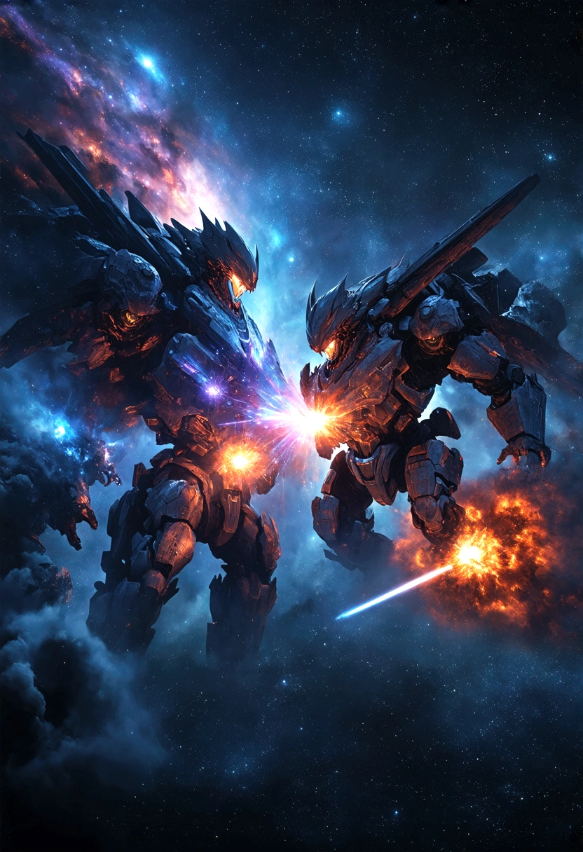 a massive space battle between two colossal celestial entities,cinematic dramatic lighting,epic scale,highly detailed,intricate cosmic environment,glowing energy effects,dramatic poses,explosive action,shimmering nebulas,swirling cosmic dust clouds,brilliant vivid colors,cinematic camera angle,dynamic camera movement,awe-inspiring scale,photorealistic,8k,best quality