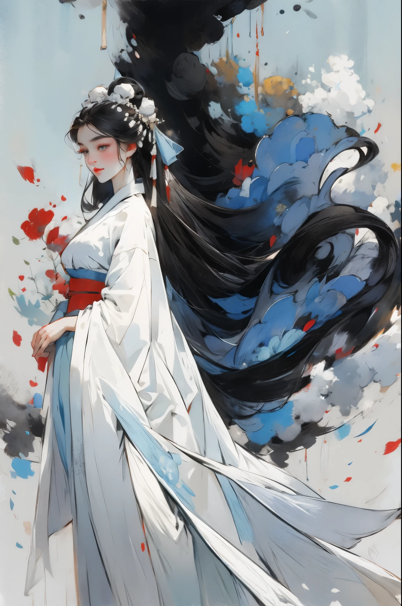 （Beautiful girl in white clothes），Full body standing，Wide sleeves，Big watery eyes，Beautiful face and smooth fair skin，Delicate face，Black long hair，Chinese Beauty，Dressed in ancient Chinese costumes，gossamer，rich and colorful，Bright and colorful，Vibrant digital illustrations，（Clean background），Ink painting style，Clean colors，Decisive cuts，A blank slate，masterpiece， Ultra-delicate，Epic Composition，high quality，Highest quality，4K