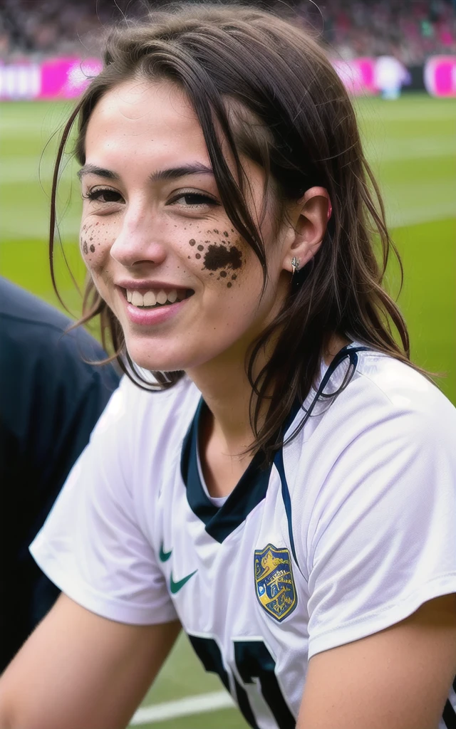 Generate a high-quality, realistic image of a man smiling at a soccer stadium celebration in street clothes. The image must be detailed, with neutral lighting, a generic background, with a smiling facial expression, so that it can be easily adjusted and improved in Photoshop. Also, include natural imperfections on the faces (like pimples, freckles, blemishes), nothing exaggerated so I can edit these details in photoshop. These images will be used for editing in a portfolio, so it is important that they are well defined and have high resolution. HD, 300pix/pol