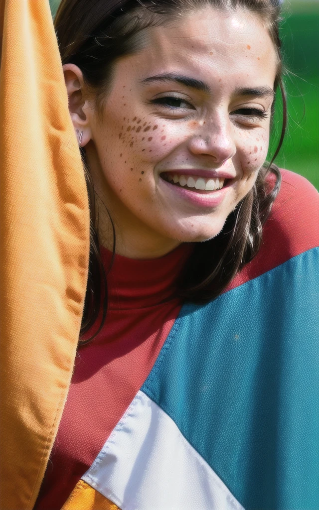 Generate a high-quality, realistic image of a man smiling at a soccer stadium celebration in street clothes. The image must be detailed, with neutral lighting, a generic background, with a smiling facial expression, so that it can be easily adjusted and improved in Photoshop. Also, include natural imperfections on the faces (like pimples, freckles, blemishes), nothing exaggerated so I can edit these details in photoshop. These images will be used for editing in a portfolio, so it is important that they are well defined and have high resolution. HD, 300pix/pol