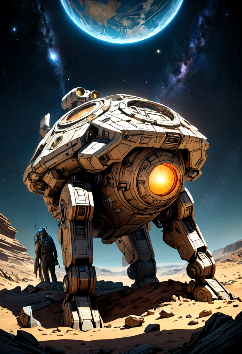 (Space War), sci-fi style, elite teams are guarding legendary relics in a harsh planetary environment. The relics under the starry sky shine brightly, and enemy details are visible. The background is a low-pressure planet surface, (panoramic view), award-winning, cinematic still, emotional, vignette, dynamic, vivid, (masterpiece, best quality, Professional, perfect composition, very aesthetic, absurdres, ultra-detailed, intricate details:1.3)