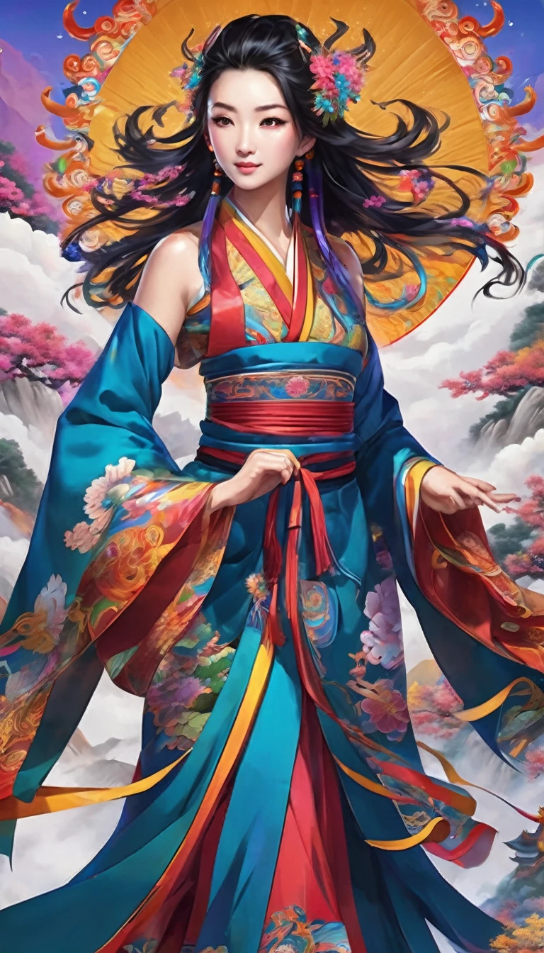 Official Art, Unified 8K Wallpapers, Ultra Detailed, Beautiful and Aesthetic, Masterpiece, Best Quality, (Zentangle, Tangle, Entangle), (fractal art: 1.4), 1girl, black hair, Chinese, bare shoulders, short skirt, calf, navel, very detailed, dynamic angle, cowboyshot, (most beautiful form chaos), flowing, (bright colors), oc, (half: 1.2), china, (thangka flying sky: 1.5), (ribbon: 1.3), (dream: 1.5), (hanfu: 1.5), Chinese dragon, Chinese phoenix, (smile: 0.5), (Chinese deity),