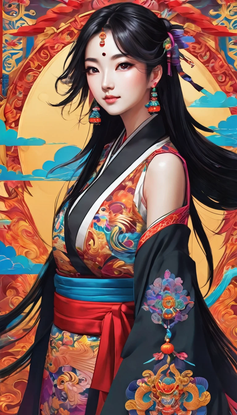 Official Art, Unified 8K Wallpapers, Ultra Detailed, Beautiful and Aesthetic, Masterpiece, Best Quality, (Zentangle, Tangle, Entangle), (fractal art: 1.4), 1girl, black hair, Chinese, bare shoulders, short skirt, calf, navel, very detailed, dynamic angle, cowboyshot, (most beautiful form chaos), flowing, (bright colors), oc, (half: 1.2), china, (thangka flying sky: 1.5), (ribbon: 1.3), (dream: 1.5), (hanfu: 1.5), Chinese dragon, Chinese phoenix, (smile: 0.5), (Chinese deity),