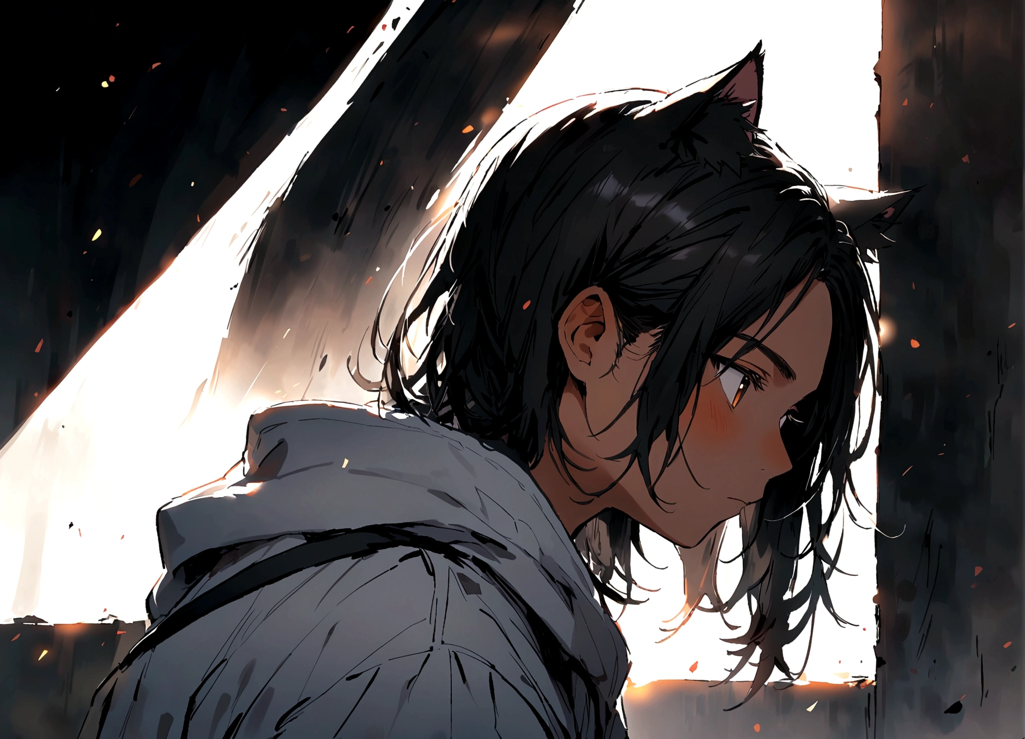 Tanned male, 18 years old, long black hair, black and white sweatshirt, cat ears