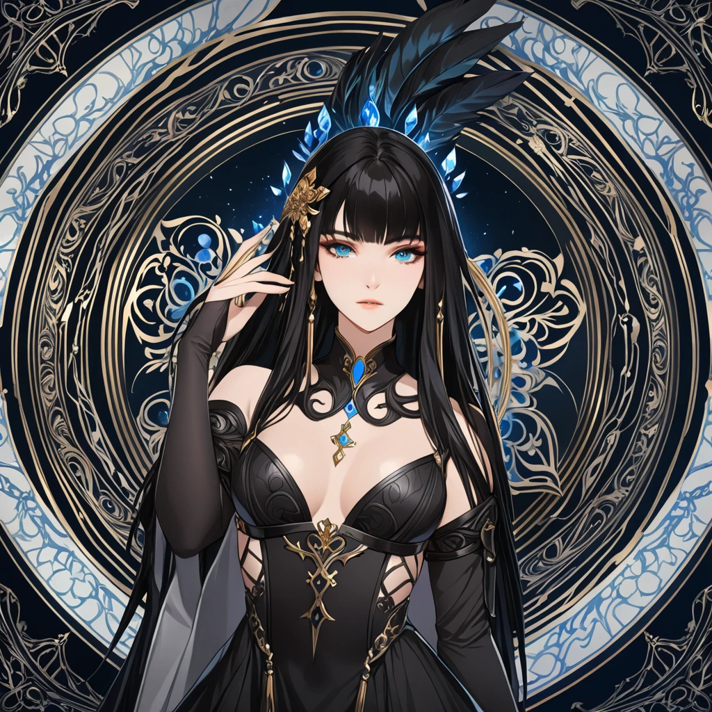 masterpiece, best quality, 1woman adult, female focus, solo, black hair, vibrant blue eyes, long hair, looking at viewer, closed mouth, bangs, Fantasy aesthetics, Highly detailed, shadowverse style, black attire, sorceress
