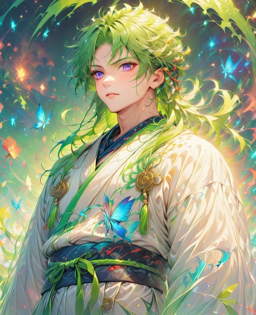 (masterpiece:1.3),(Highest quality:1.4),(Very detailedな:1.5),High resolution,Very detailed,8K,wallpaper,(One boy,gojou satora,JUJUTSU KAİSEN),artwork,(The background is an infinite universe,red,green,purple)、(clothing,White kimono)背景はredとgreenの宇宙