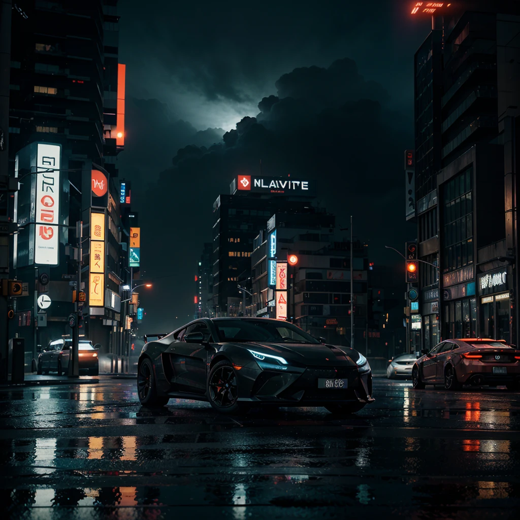 a sleek, futuristic cyberpunk car in a neon-lit cityscape, late at night, glossy reflective surface, rain-soaked streets, glowing signs in various languages, towering buildings with digital billboards, dark yet vivid mood with mix of shadows and bright neon hues, cinematic, 3d render, octane render, high quality, hyper realistic, detailed, intricate, moody lighting, volumetric fog, depth of field, dramatic angles, cinematic composition, striking contrast