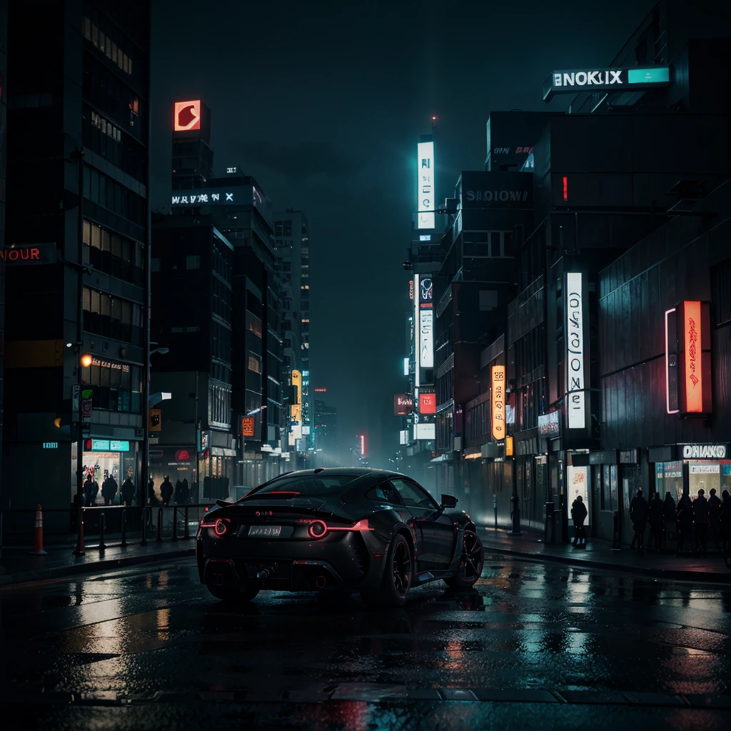 a sleek, futuristic cyberpunk car in a neon-lit cityscape, late at night, glossy reflective surface, rain-soaked streets, glowing signs in various languages, towering buildings with digital billboards, dark yet vivid mood with mix of shadows and bright neon hues, cinematic, 3d render, octane render, high quality, hyper realistic, detailed, intricate, moody lighting, volumetric fog, depth of field, dramatic angles, cinematic composition, striking contrast