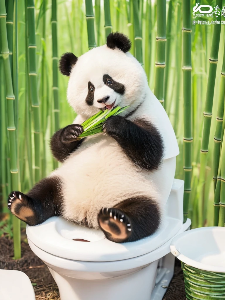 A super cute Chinese giant panda stands on the toilet lid,Giant panda eating bamboo,Cute and adorable,Smile and look ahead,big eyes,Focus,Super HD