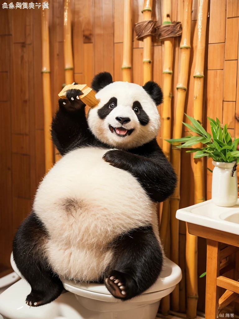 A super cute Chinese giant panda stands on the toilet lid，Giant panda eating bamboo，Cute and adorable，Smile and look ahead，big eyes，Focus，Super HD