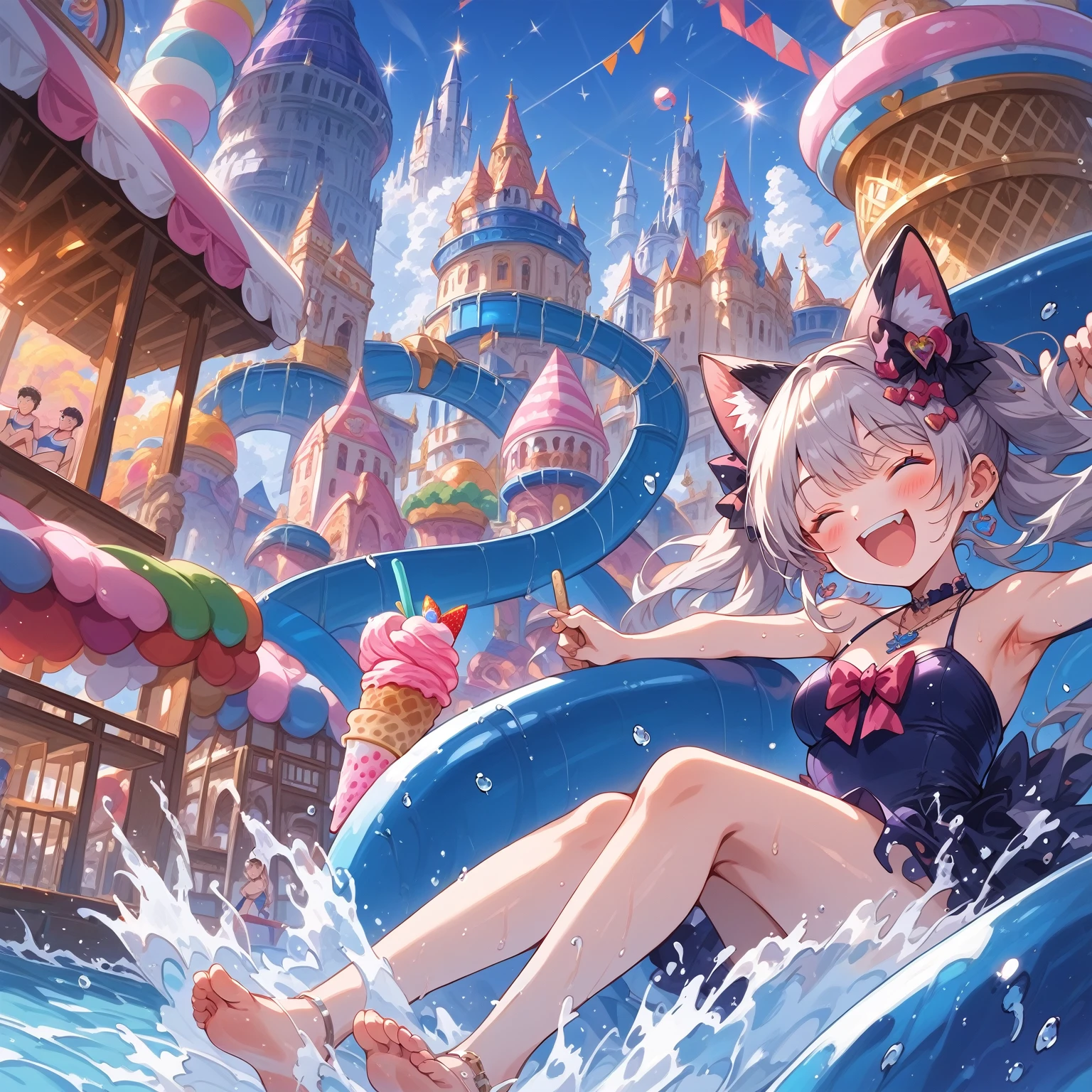 score_9, score_8_up, score_7_up, source_anime,masterpiece, best quality, high resolution, extremely detailed CG, absurdres, highres, A dreamy water playground, all the buildings are made of ice cream, the ice cream castle is colorful, and the girl in swimsuit is sliding down the water slide, very happy, neondskdrmsxl