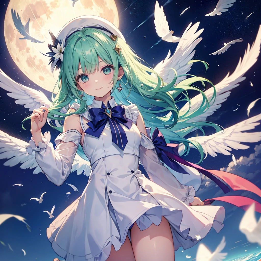 (((Archangel Liliel))) ((fluffy feathers smile Big feather)),((White Dove Big full moon)),(End of the Galaxy shooting star Sailor suit Shiny Earrings Green Hair Long Hair Holding a bow), Shining Edge Shining Background