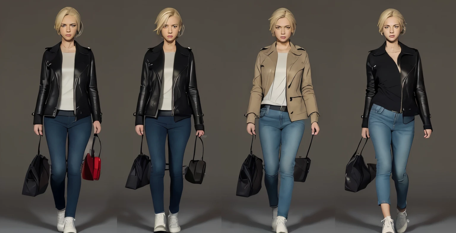 masterpiece, un dibujo de cuatro vistas de una chica rubia, (vistas mirando hacia la derecha, caminando), inspired by Heather, from silent hill 3. ((((one blonde girl)))), solo,with short hair, with short jeans and a black jacket, short black boots and a red top. (((walking to rigth, move, animation of walking, walking sideways))) (((((full body))))) (((on a white background))), (((maintain consistency in the character's design, maintain consistency in clothing and colors, Kill realistic body proportions))).