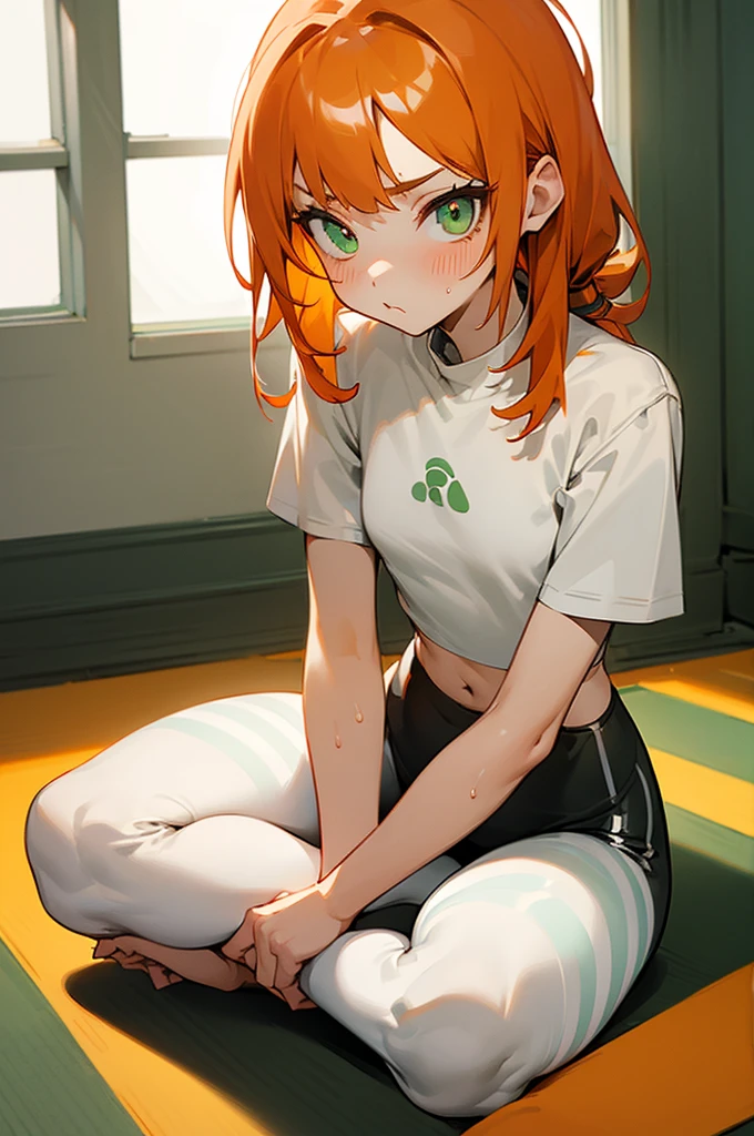 (masterpiece, best quality:1.2), 1 small girl, sitting up on knees, white crop top, black white striped leggings, yoga, yoga mat, orange hair, green eyes, pale skin, cute, sweaty, pouting