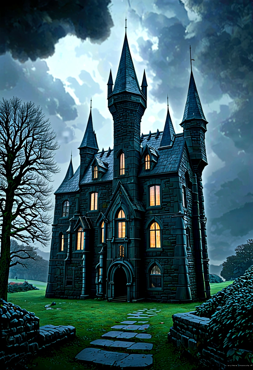 A dark gothic castle in Ireland, dark magic, historia harry potter, Very detailed, 8k, reality, Masterpiece, dark fantasy, dramatic lighting, gloomy atmosphere, surreal gothic images photorealistic