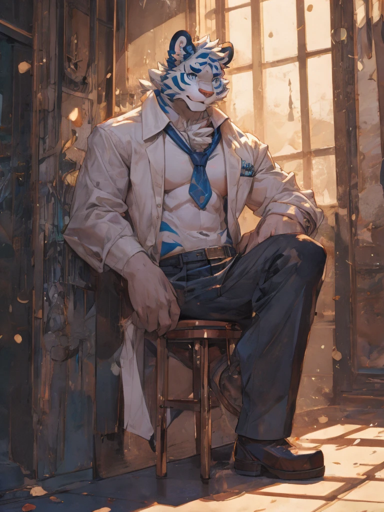 {{bara extremely handsome white tiger,}} {{white fur,}} white, wearing military like purple trench coat, purple trousers, white dress shirt and necktie, white fluffy furry body and limbs, loafers, very tall, very broad shoulders, narrow waist, muscular arms, massive pecs, purple eyes, very long legs, sitting on swivel chair with legs spread, massive bulge, reading file, sophisticated hot look, full body, sunlight casting over, 3/4 view, best quality, high quality, silver earring on left ear, sultry smirk