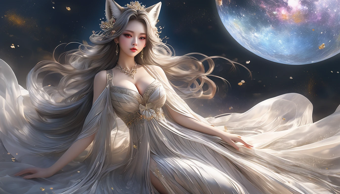 Woman in transparent dress,Viewer,(((Full breasts, Keeley University))),Slim waist,(Navel exposed,Bare waist), Long hair, extreme detailed details, Detailed fantasy art, Stunning character art, Beautiful and exquisite character art, Beautiful transparent dress, Very detailed, Girl wearing flowing Hanfu, Exquisite headpieces and jewellery,Crystal jewelry filigree, galaxy, Stunning visuals, (Dynamic Stripes, light rail:1.2), Vibrant colors,Long hair动漫女孩和狐狸, 美丽的白金色Angel女士, 白毛Angel, Beautiful character painting, Beautiful anime portrait, Girl with fox ears, a beautiful fox woman, Mystical artwork, Guweiz, by Ren Renfa, Angel, Large Breasts，Full breasts，Golden ratio figure，Perfect body，Ultra wide-angle shooting，Full body shot，Body close-up，Full body shot，Wearing a pleated tulle skirt，Soft anime illustration, Soft dark background，Fujifilm XT3 Clear focus, f 5.6, High Detail, Clear focus, Dramatic, (Wearing openwork clothing), (Looking at the audience:1.8), (Natural light), (Tempting)translucent, Good velvet quality, Compared, Divine Light,, Silver gray hair, Sky background, Absolute Strength,女性Angel，Girl in sexy silk,，Large Breasts，Full breasts，Golden ratio figure，Perfect body，Ultra wide-angle shooting，Full body shot，Body close-up，Full body shot， Wearing a tulle dress, Model shooting style, Large Breasts，Full breasts，Golden ratio figure，Perfect body，(Extremely detailed CG 8k wallpaper unit), The most beautiful artistic photos in the world, , 8K Ultra HD, ) On the big white bed，Lazy gesture，Charming and seductive expression，best quality,masterpiece,Ultra-high resolution,(Practical:1.4),original photo,Ultra-high resolution，White skin，Exquisite makeup，Long legs，Bright beautiful eyes，用深色眼影打造Exquisite makeup，