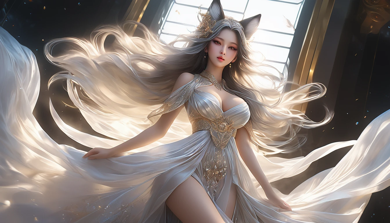 Woman in transparent dress,Viewer,(((Full breasts, Keeley University))),Slim waist,(Navel exposed,Bare waist), Long hair, extreme detailed details, Detailed fantasy art, Stunning character art, Beautiful and exquisite character art, Beautiful transparent dress, Very detailed, Girl wearing flowing Hanfu, Exquisite headpieces and jewellery,Crystal jewelry filigree, galaxy, Stunning visuals, (Dynamic Stripes, light rail:1.2), Vibrant colors,Long hair动漫女孩和狐狸, 美丽的白金色Angel女士, 白毛Angel, Beautiful character painting, Beautiful anime portrait, Girl with fox ears, a beautiful fox woman, Mystical artwork, Guweiz, by Ren Renfa, Angel, Large Breasts,Full breasts,Golden ratio figure,Perfect body,Ultra wide-angle shooting,Full body shot,Body close-up,Full body shot,Wearing a pleated tulle skirt,Soft anime illustration, Soft dark background,Fujifilm XT3 Clear focus, f 5.6, High Detail, Clear focus, Dramatic, (Wearing openwork clothing), (Looking at the audience:1.8), (Natural light), (Tempting)translucent, Good velvet quality, Compared, Divine Light,, Silver gray hair, Sky background, Absolute Strength,女性Angel,Girl in sexy silk,,Large Breasts,Full breasts,Golden ratio figure,Perfect body,Ultra wide-angle shooting,Full body shot,Body close-up,Full body shot, Wearing a tulle dress, Model shooting style, Large Breasts,Full breasts,Golden ratio figure,Perfect body,(Extremely detailed CG 8k wallpaper unit), The most beautiful artistic photos in the world, , 8K Ultra HD, ) On the big white bed,Lazy gesture,Charming and seductive expression,best quality,masterpiece,Ultra-high resolution,(Practical:1.4),original photo,Ultra-high resolution,White skin,Exquisite makeup,Long legs,Bright beautiful eyes,用深色眼影打造Exquisite makeup,
