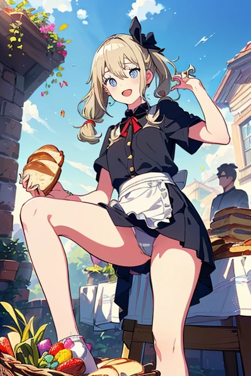 (perky chest:1.2), (pointed chest:1.2),(((Black Tunic:1.3))),(((cakes and bread in the basket),Cute and beautiful girl,Cute round face,Cute smile,with blush cheeks,Red Lip,a girl 22 years old, nsfw:1.2, beautiful body:1.3), shinny skin, BREAK, ((alice in the wonderland:1.3, cute, kawaii, lovely, funny, a girl falling down from sky:1.3, girl flying in sky:1.2, girl floating in air:1.3, rolling upskirt by wind:1.5, (with sparkling eyes and a contagious smile),open mouth, Looking at Viewer, surprised, putting hands on crotch over the skirts:1.35)), BREAK, ((floating things as follows:1.3, PlayingCards, Trump, tea cup, tea pot, tea spoons, pocket watch:1.3, lip sticks, candies:1.2, cookies, jam bottles, classical door_keys)), ((long purply_Blue dress :1.5, wearing long flaired skirt:1.3, the skirt is blowing:1.3, cute White Apron, black stockingedium long platinum-blonde hair:1.2, twin tail hair:1.6, tied hair with a large ribbon), (Blue eyes, bright pupils with highlights, detailed eyes), (lying down on your back:0.7, spreading legs with rising up straight:0.7), sexy posture, fantastic colorful art, (fantasy art:1.2, wondered images), ((correct anatomy:1.5, perfect anatomy:1.3, correct hand, small foot:1.2)), 
