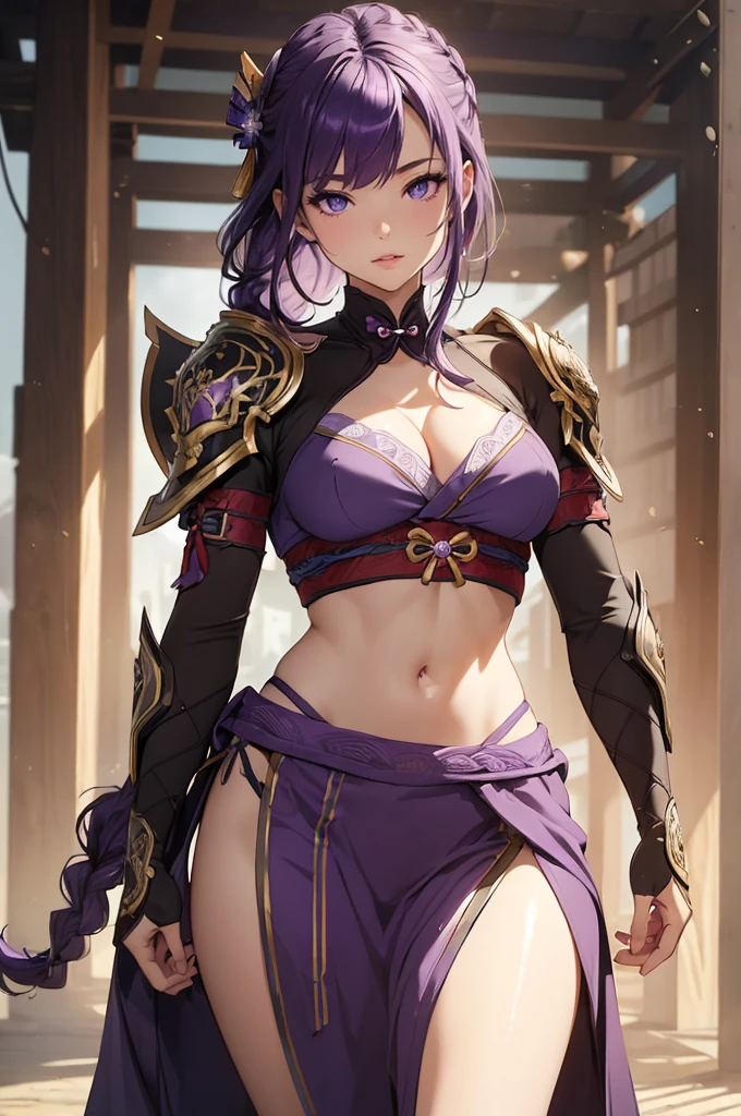 ((1girl, solo)), beautiful body, (perfect anatomy, perfect body, perfect hands, perfect legs), natural proportions, sexy body, large breasts, ((full body, full body front)) BREAK

((extremely detailed face)), (beautiful detailed eyes:1.6), (realistic pupils, realistic iris:1), expressive eyes, looking at viewer, (clear eyes:1.3), (hyperrealistic:1.2), (detailed skin texture:1.2), smooth skin, raiden shogun, (purple hair:1.5), (purple eyes), long hair, very long hair, braid, (braided ponytail:1.5), bangs, parted bangs, hair ornament, hair tie, ((mature female)), ((little smile)), (detailed lips:1.2), (attractive lips:1.1), (glossy lips:1.1), (parted lips), perfect face, perfect eyes BREAK

(revealing clothes:1.5), (japanese armor:1.5), (samurai armor), (groin:1.5), (((highleg))), bikini armor, pelvic curtain, partially visible vulva BREAK

(masterpiece:1.5), anime-style, top quality, best quality, (beautiful and aesthetic:1.2), (ultra detail:1.5), Ultra-detailed depiction, Ultra-precise depiction, extremely detailed 8k illustration, high resolution, (highly detailed shading:1.2), (realistic lighting:1.4), perfect lighting, vibrant colors, dynamic tones, striking hues, 8k, absurd resolution, perfect shadows, hdr, UHD, ambient lighting, realistic, ultra-realistic, photo realistic, highly detailed, rich detail, luminous colors, fine texture, intricate design, professional illustration, (soft light:1.2), (illustration:0.7)