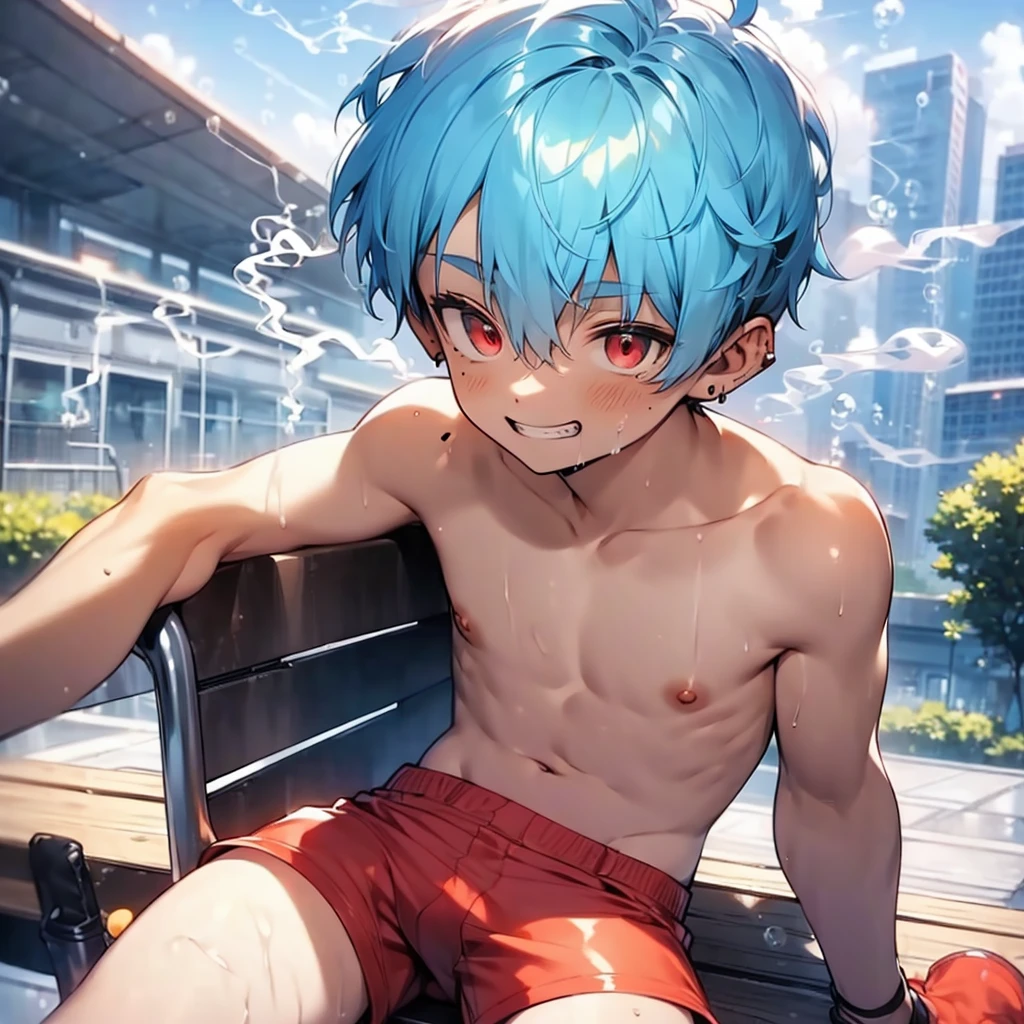 (solo:2), (boldline:-1.8), (smoking:1.6), (((bubble))), (sitting on bench:1.5), (spread legs:1.5), (((fang))), (((best finger))), BREAK (best quality:1.5), (absolutely resolution:1.5), (ultra detailed:1.5), (masterpiece:1.5), (perfect face), (detailed face), (detailed eyes), (best eyes), (cute face), (shota:2), BREAK (topless:1.5), BREAK (red short pants:1.5), (see throgh wet clothes:1.2), (bulge:1.6), (skinny:1.3), (spiked hair), BREAK (light blue hair:1.5), (wine red eyes:1.4), (eyes with highlight:1.6), ((mole under eye)), (sweaty skin), (light skin), (grin:1.5), ((earrings)), (shiny skin:1.3), BREAK (garden), (building:1.5), (at twilight:1.5), ((wind blowing)), ((nipple)), (abs), (groin),