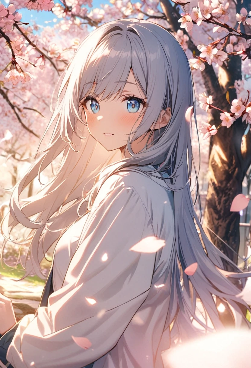 1girl, long hair, blue eyes, , cherry blossoms, spring, soft lighting