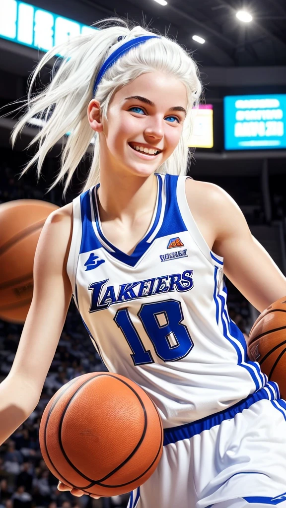 Basketball player,  16 year old girl with white hair, white skin and blue eyes, smiling 